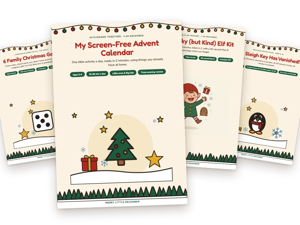 The four Merry Little December kits: Advent calendar, cheeky elf, family games and Christmas escape game